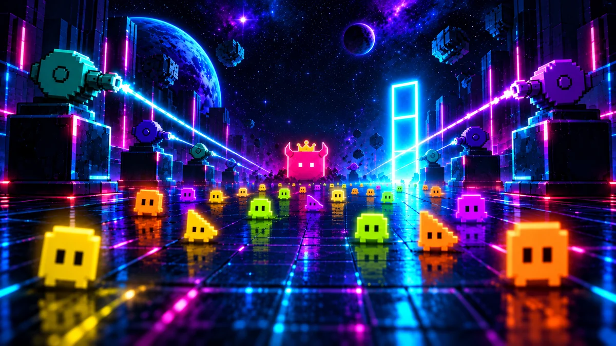 MAZEHOLD key art — a horde of pixel monsters marching down a neon grid between towers toward a glowing gate
