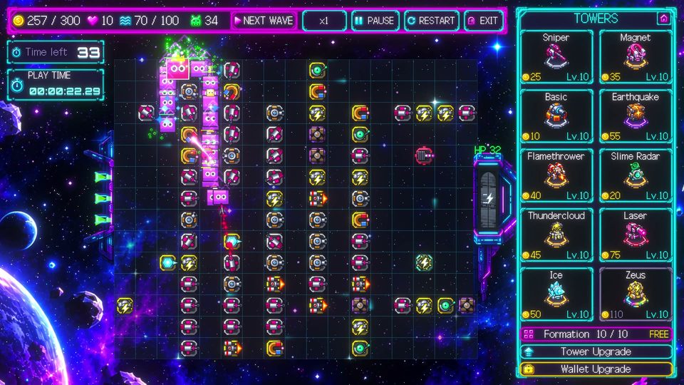 Wave 70 — a horde crawls through a maze of mixed towers