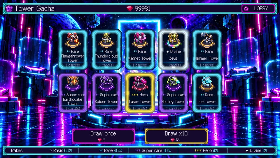 Ten-pull tower gacha — a God-tier Zeus in the fourth card
