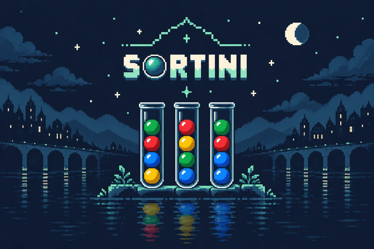 Sortini key art — the SORTINI logo above three tubes of colored balls on a starlit lake